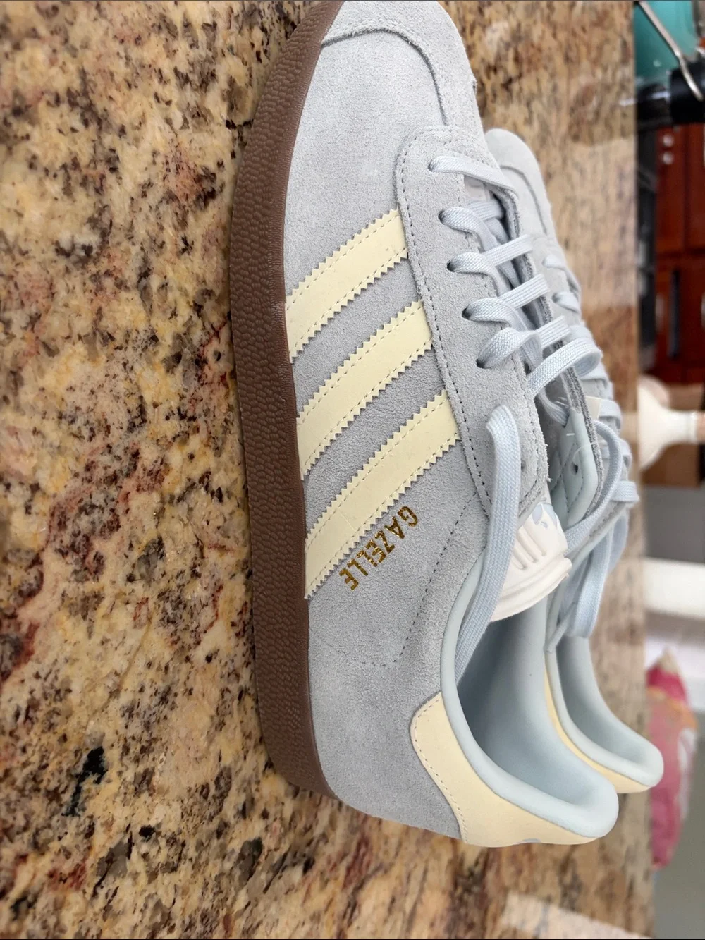 adidas Gazelle Gray with Cream Stripes and Brown Sole
